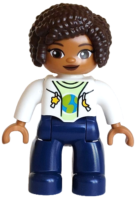 LEGO Minifigur Duplo Figure Lego Ville, Female, Dark Blue Legs, White Jacket over Yellowish Green Shirt with Blue and Lime Planet, Yellow Star and Moon Pattern, Dark Brown Hair (6442943 / 6604625)
