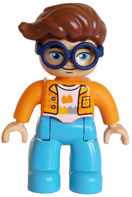 LEGO Minifigur Duplo Figure Lego Ville, Male, Medium Azure Legs, Orange Plaid Jacket over White Shirt with Silver Buttons, Yellow Collar and Pocket, Bricks Pattern, Reddish Brown Hair, Attached Dark Blue Glasses (6491600 / 6569839)