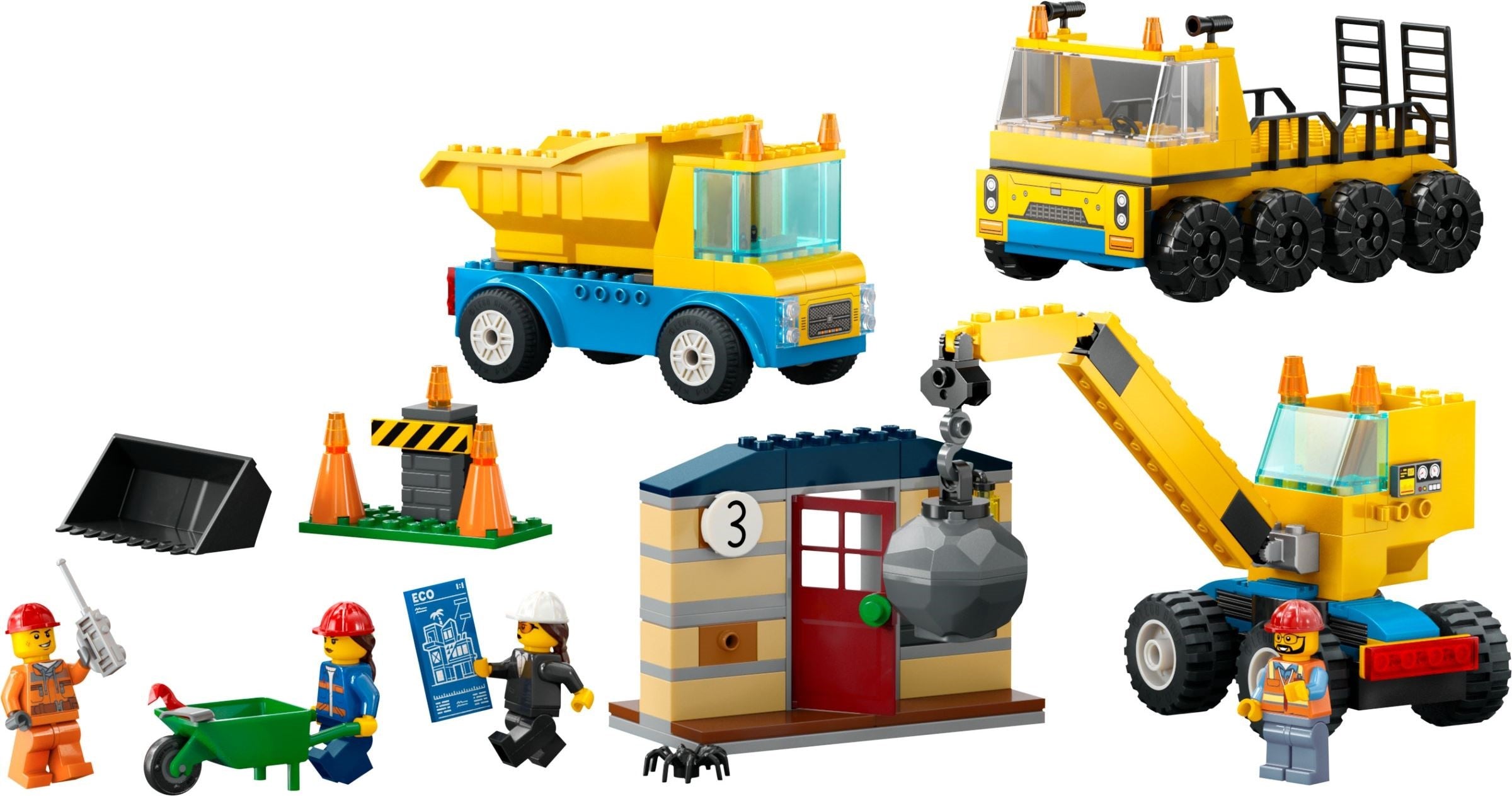 LEGO® construction vehicles and crane with demolition bulb