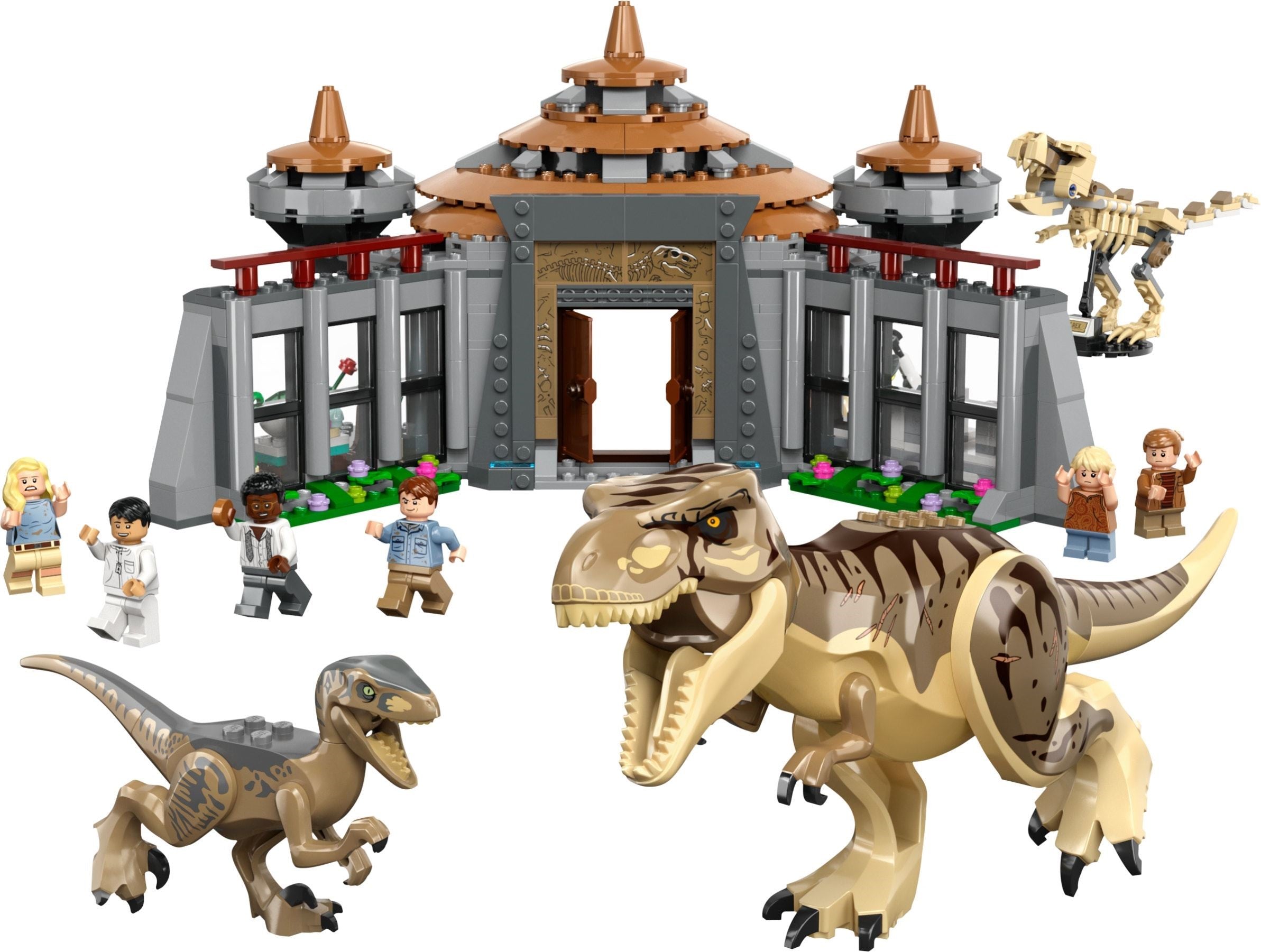 LEGO® attack by T. Rex and the raptor on the visitor center