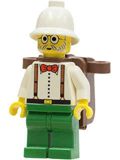 LEGO Minifigur Dr. Kilroy / Dr. Charles Lightning - White Shirt and Suspenders, Green Legs, White Pith Helmet, Brown Backpack (adv040)