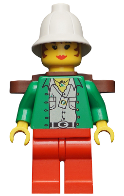 LEGO Minifigur Pippin Reed / Miss Gail Storm - Green Open Shirt, Red Legs, White Pith Helmet, Brown Backpack (adv044)