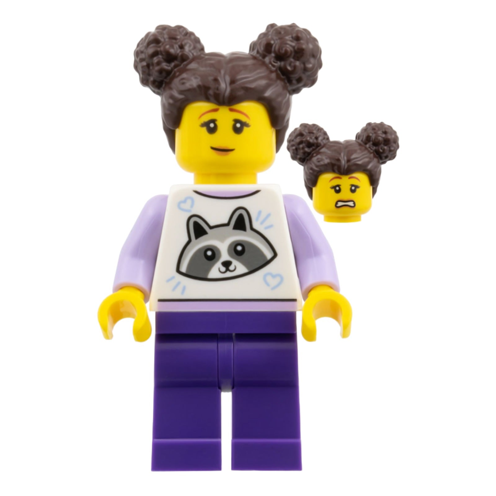 LEGO Minifigur Woman - Dark Brown Buns, Raccoon Shirt, Dark Purple Legs (fst052)