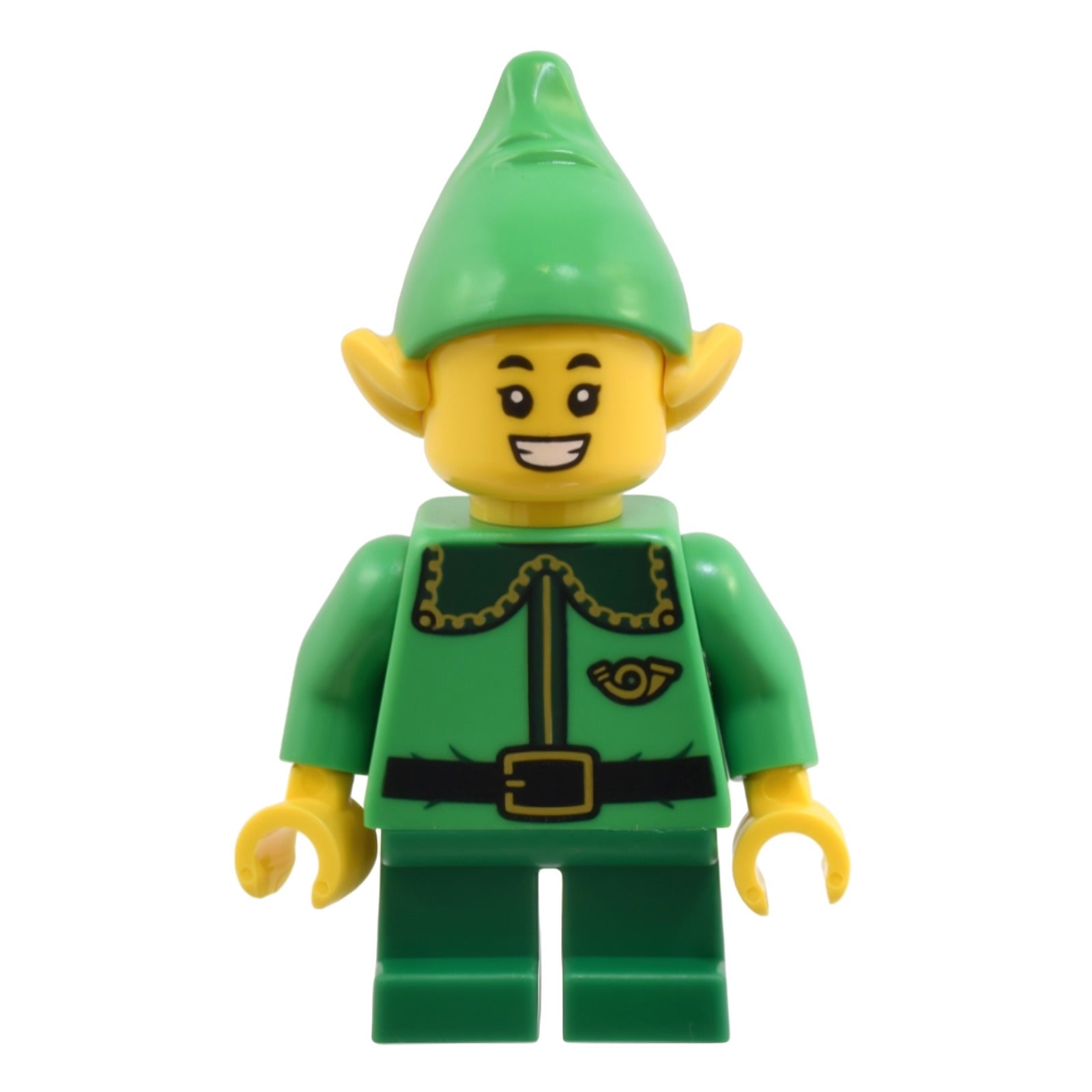 LEGO Minifigur Elf - Dark Green Collar and Gold Horn, Open Mouth Smile (hol363)