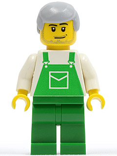 LEGO Minifigur Overalls Green with Pocket, Green Legs, Light Bluish Gray Male Hair (ovr032)