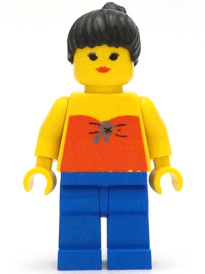 LEGO Minifigur Red Halter Top - Blue Legs, Black Ponytail Hair, Closed Mouth (par050a)
