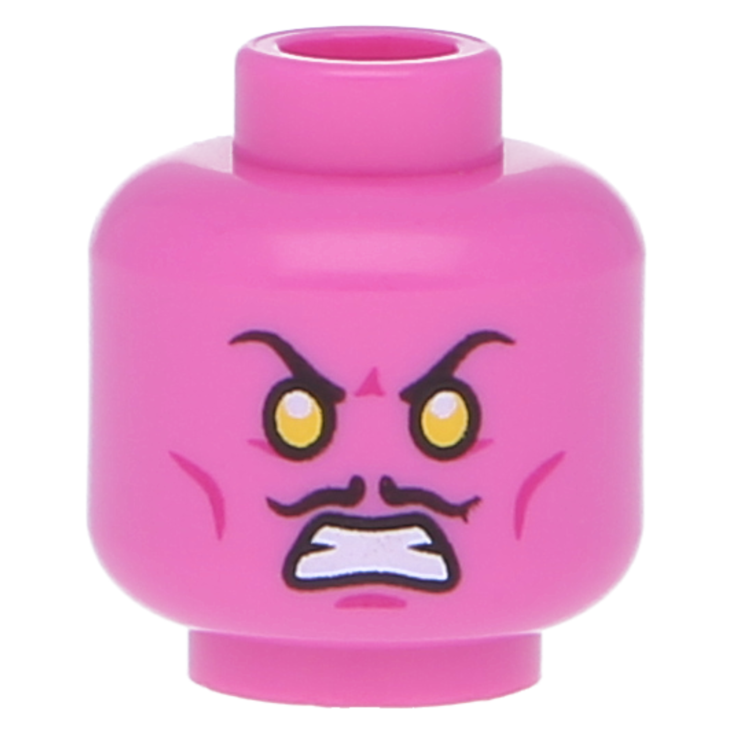 LEGO minifigure heads (other) – double-sided dark pink head with mustache, orange eyes and frown/bared teeth (recessed nub)
